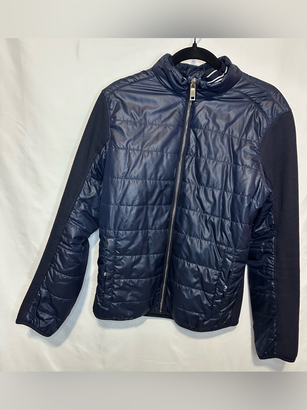 Zara Man Navy Quilted Moto Jacket Knit Sleeves XL